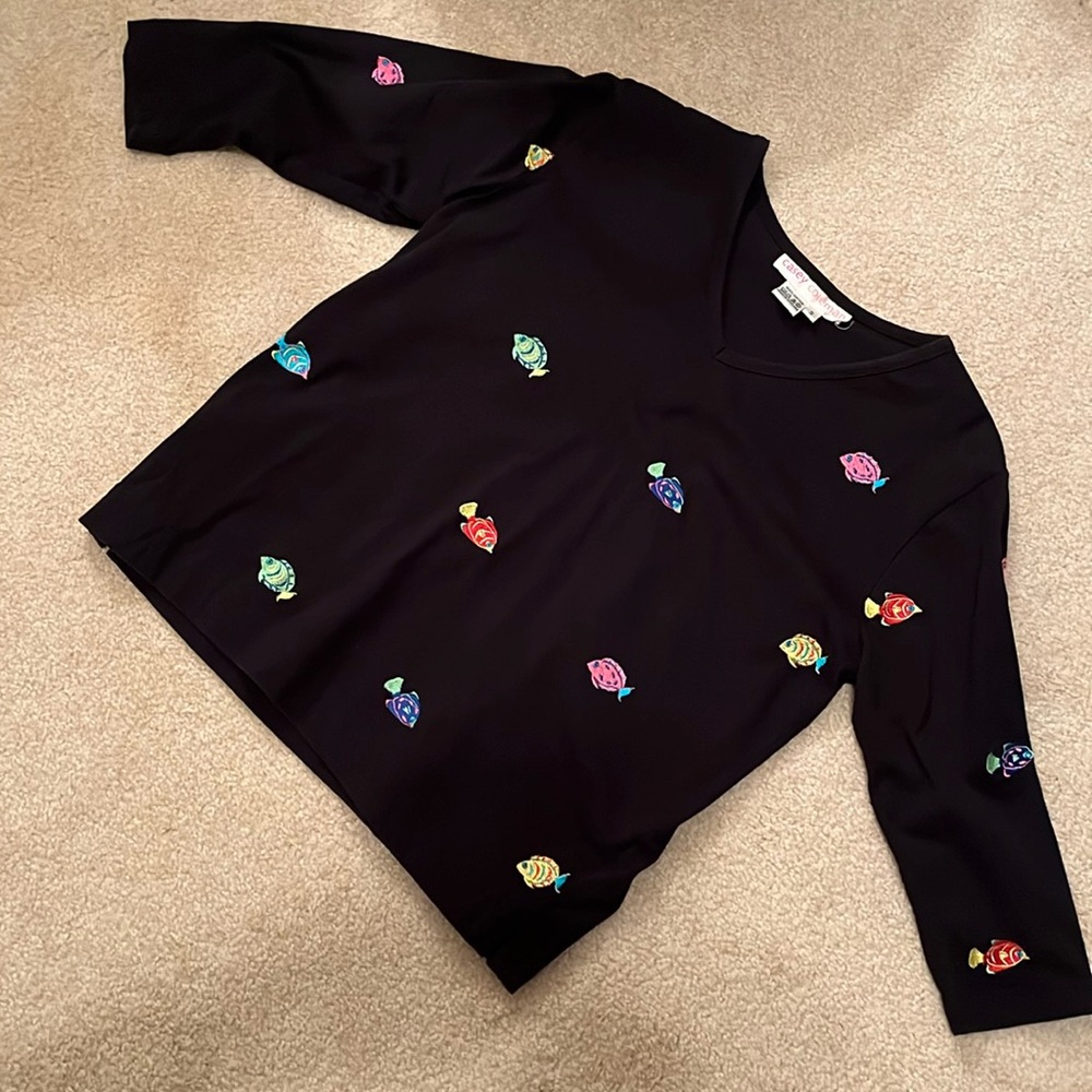 Casey Coleman 3/4 sleeves black top w/ embroidered tropical fish, 100% cotton